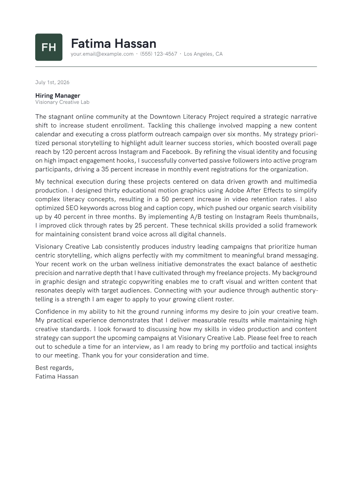 Social Media Content Creator cover letter in the Emblem design