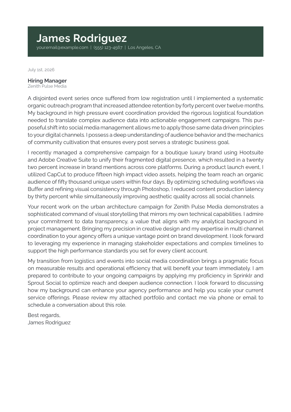 Social Media Coordinator cover letter in the Banner design