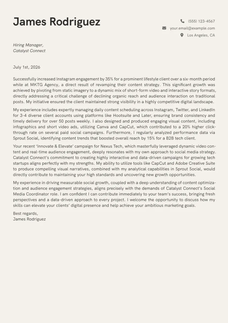 Social Media Coordinator Cover Letter Example
