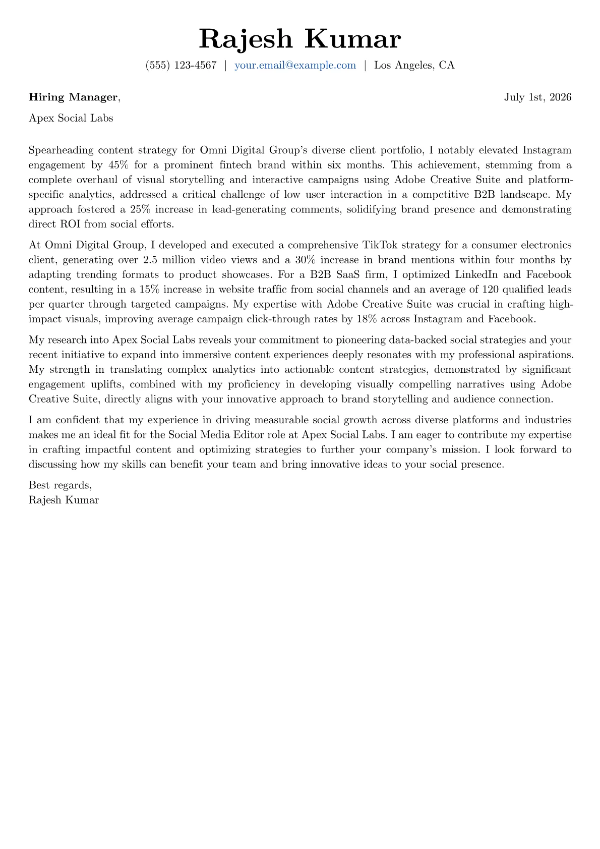 Social Media Editor cover letter formatted with a JobSprout template