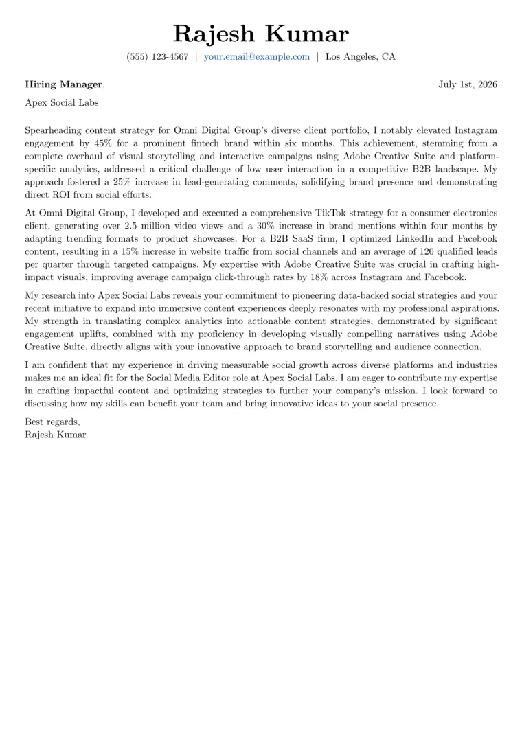 Social Media Editor cover letter example preview