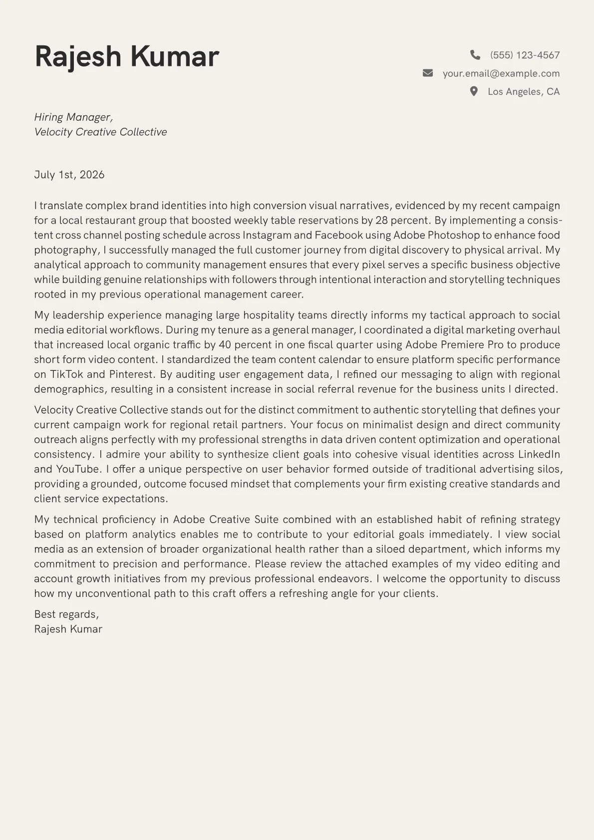 Social Media Editor cover letter in the Creative design