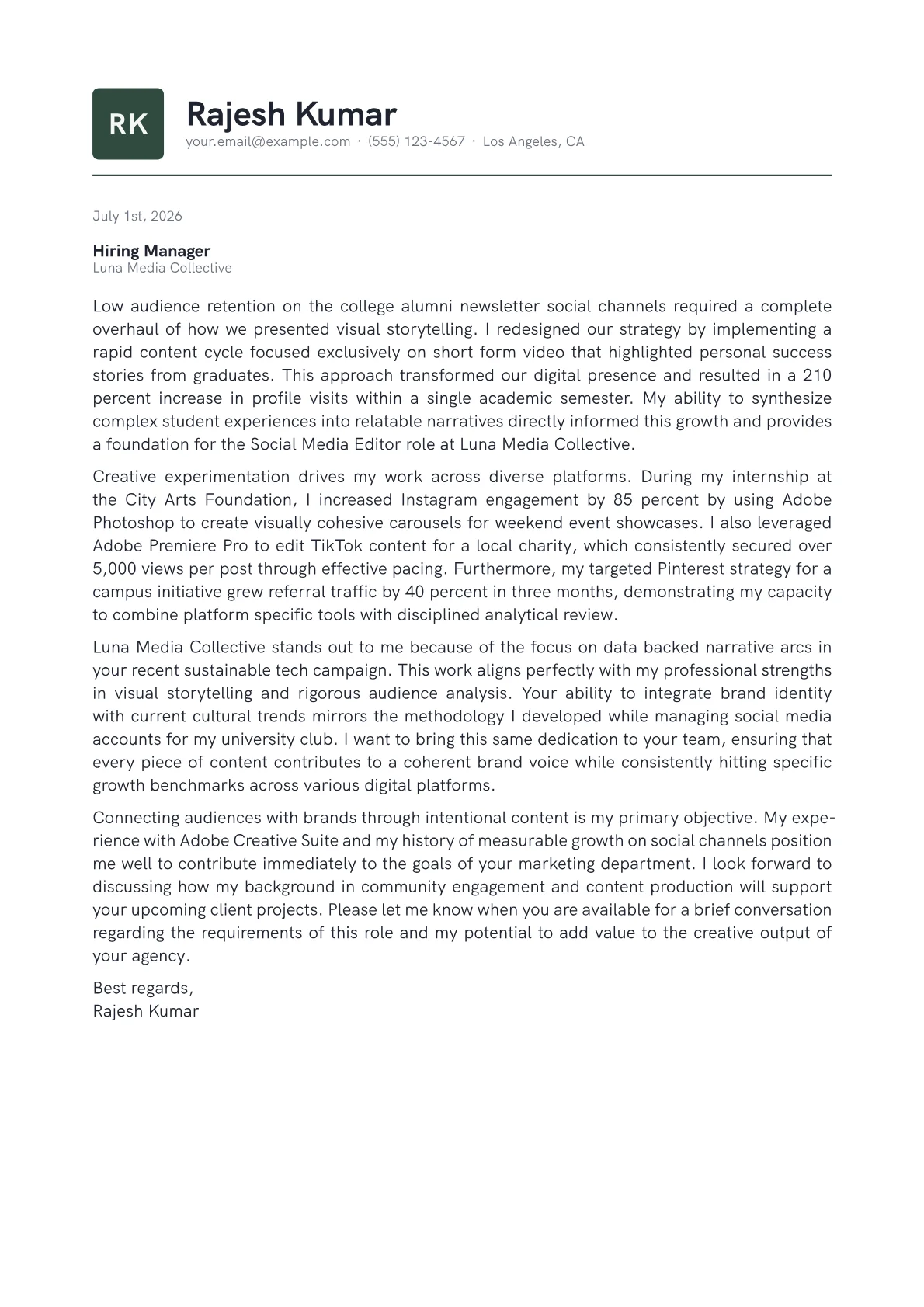 Social Media Editor cover letter in the Emblem design