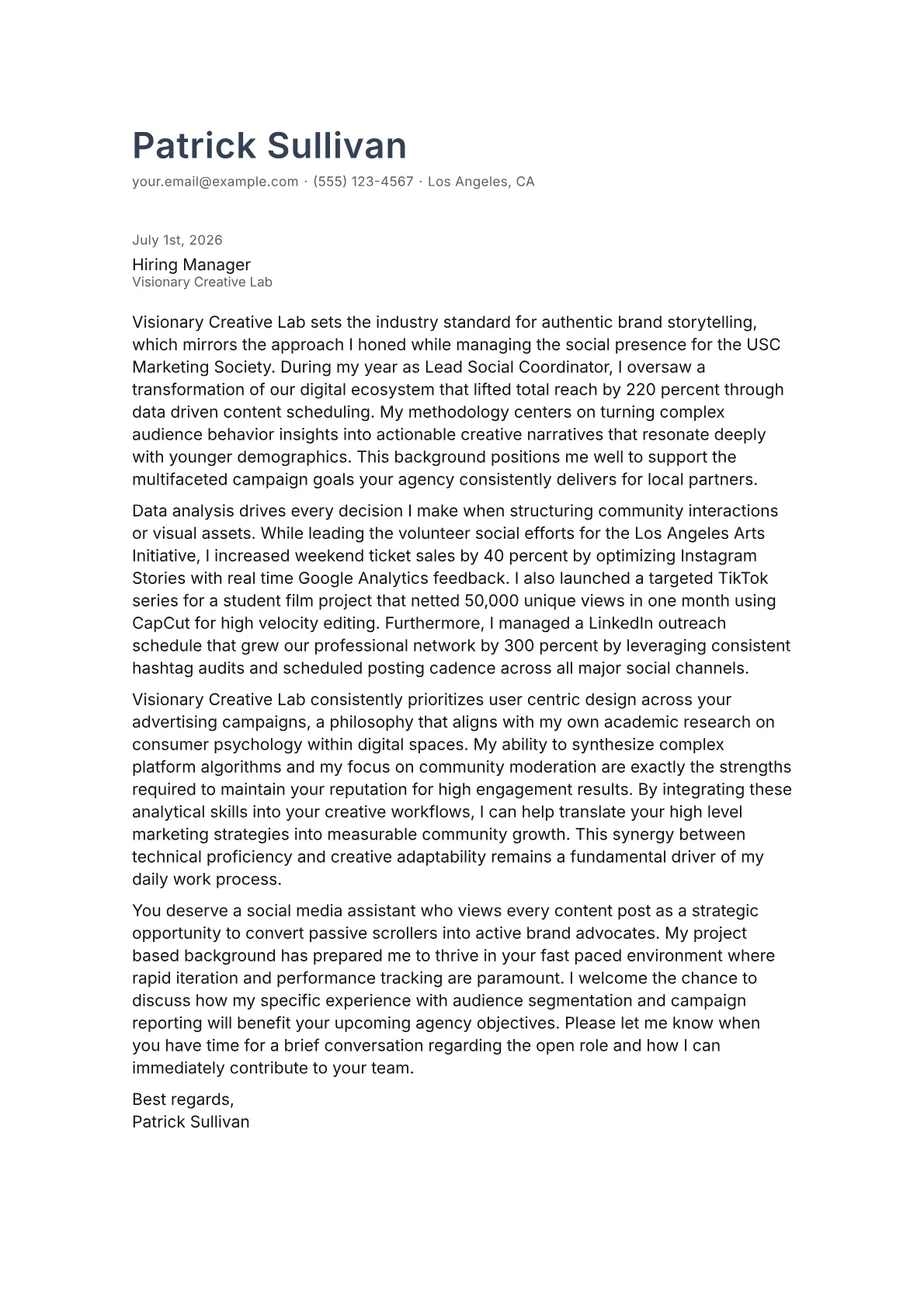 Social Media cover letter in the Minimal design