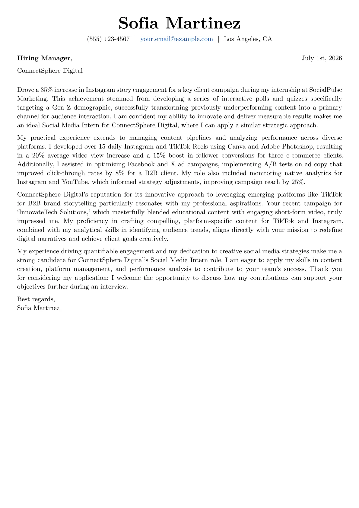Social Media Intern cover letter formatted with a JobSprout template