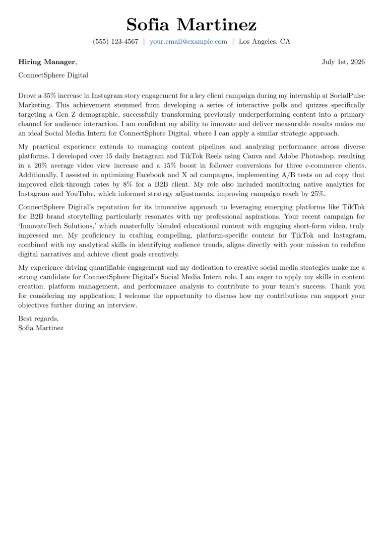 Social Media Intern Cover Letter Example