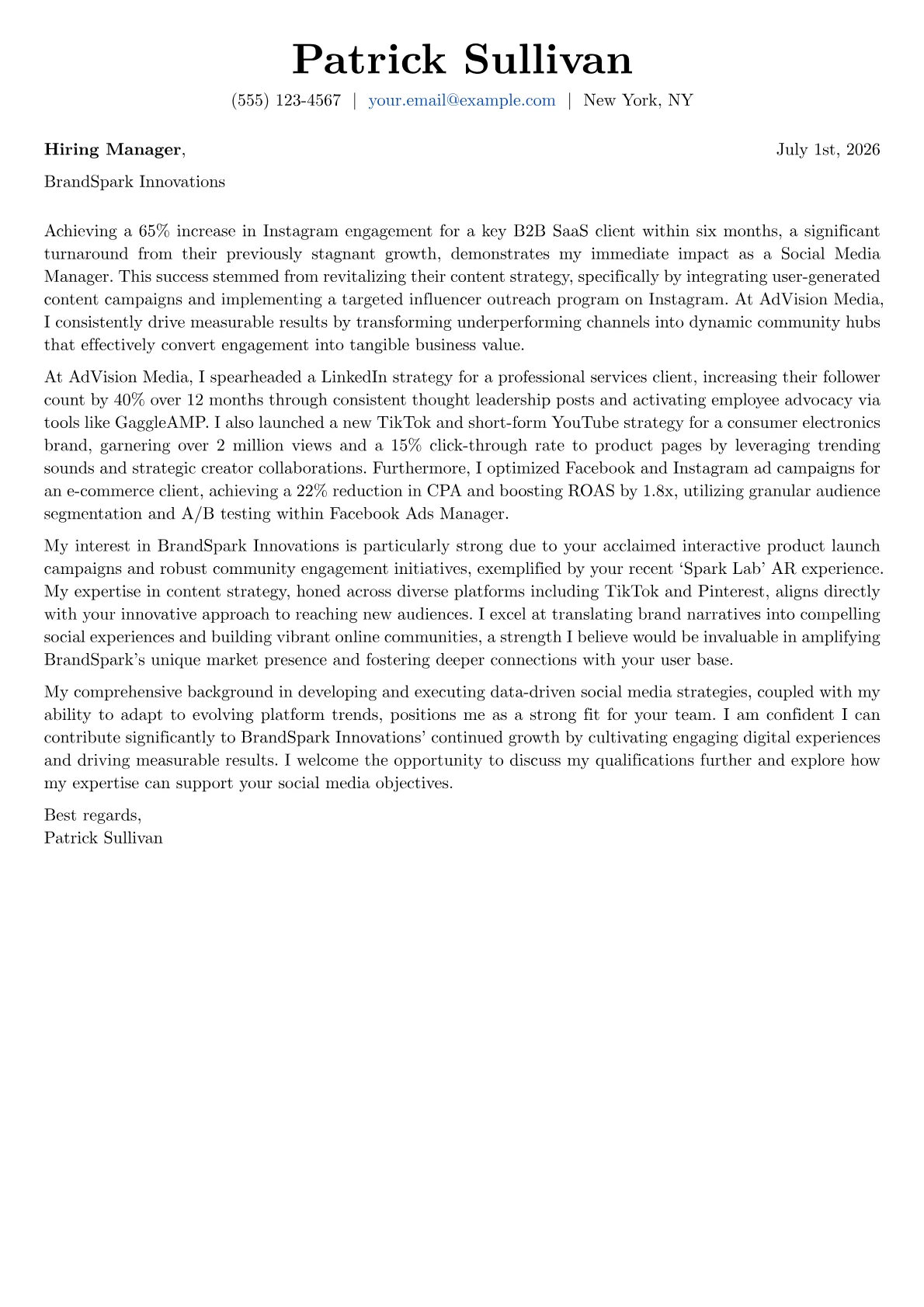 Social Media Manager cover letter formatted with a JobSprout template