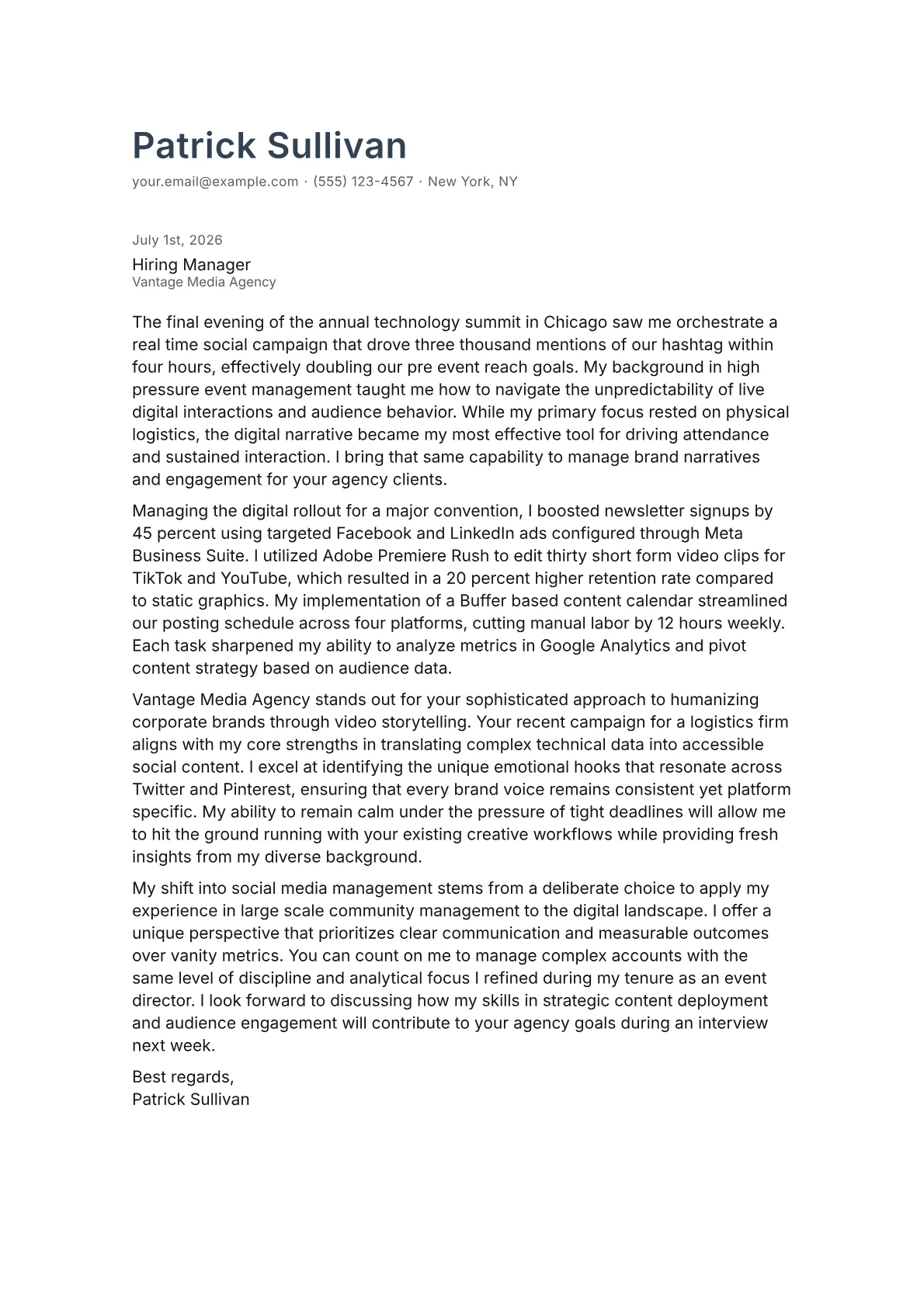 Social Media Manager cover letter in the Minimal design