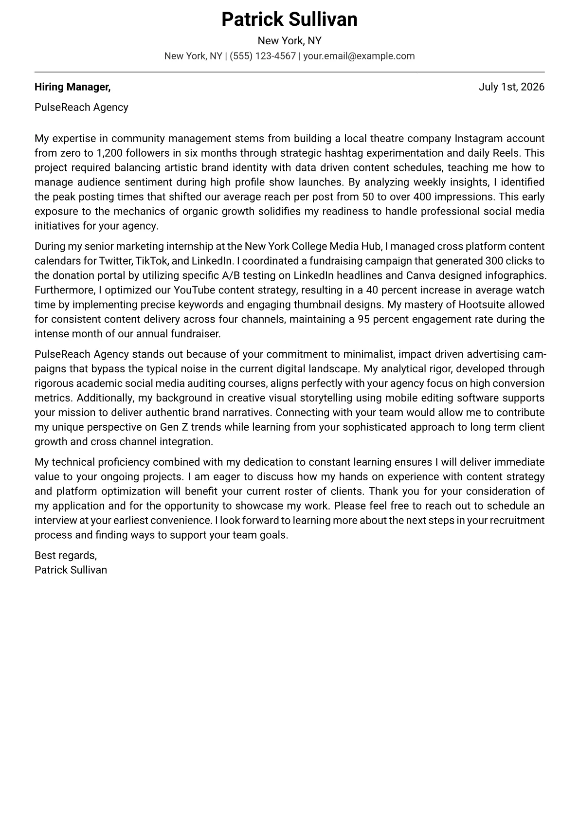 Social Media Manager cover letter in the Modern design