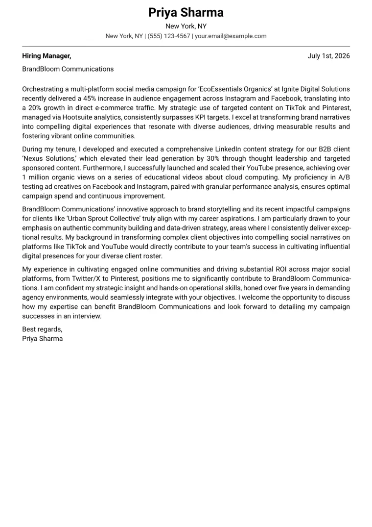 Social Media Marketing cover letter example preview