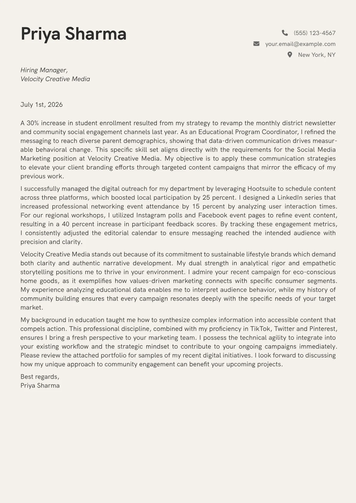 Social Media Marketing cover letter in the Creative design