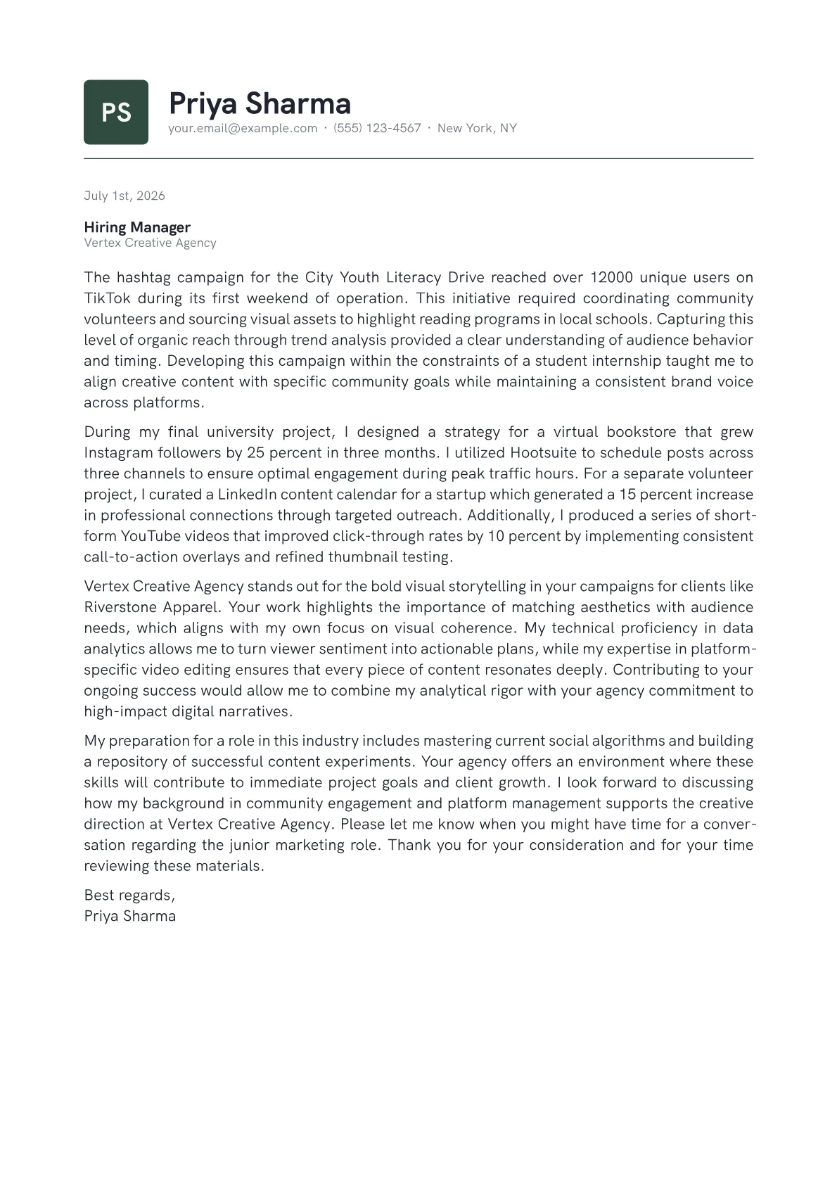 Social Media Marketing cover letter in the Emblem design