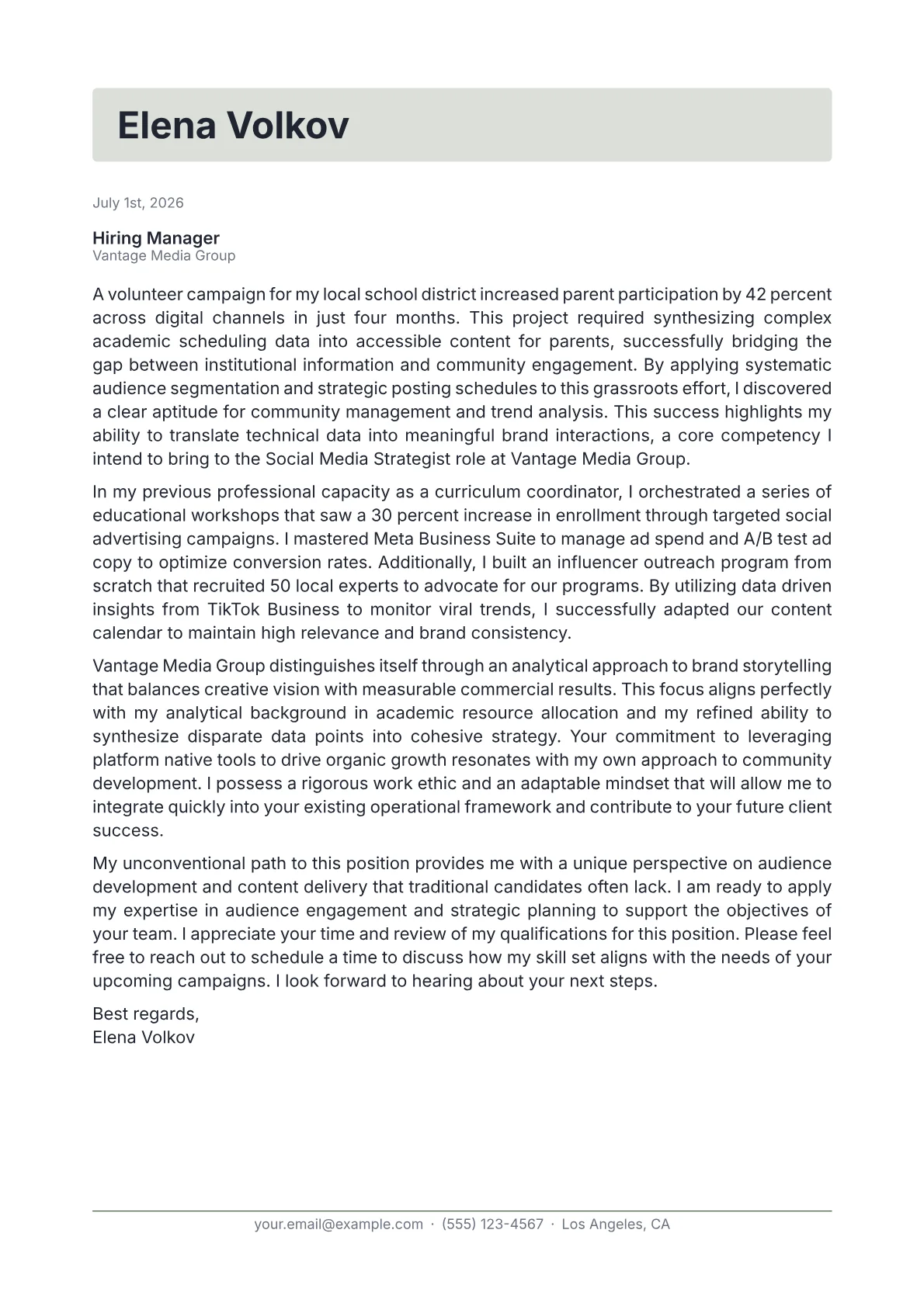 Social Media Strategist cover letter in the Letterhead design