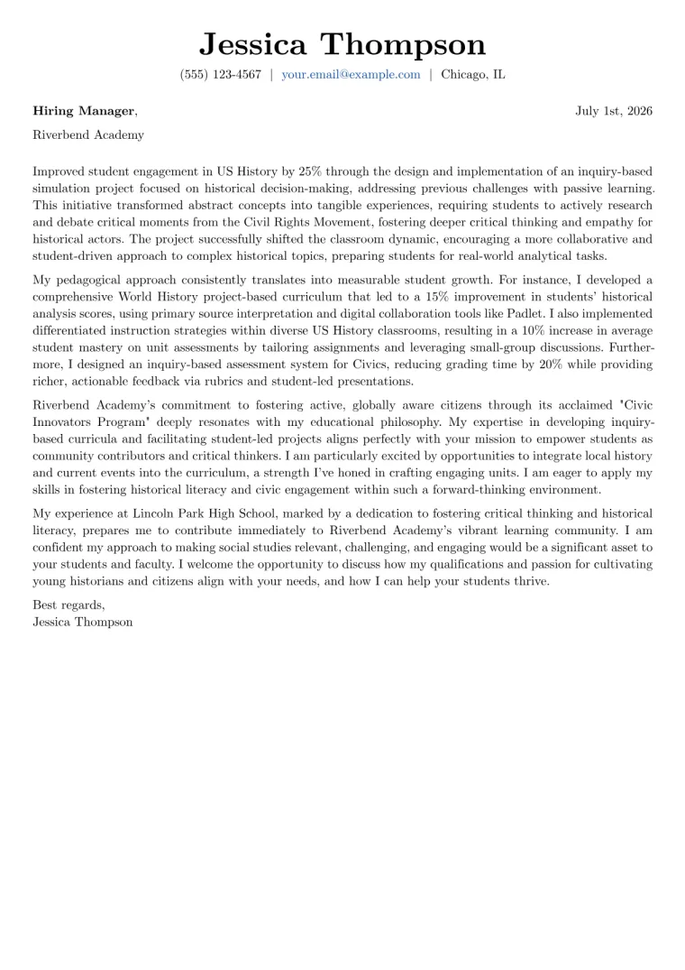 Social Studies Teacher Cover Letter Example