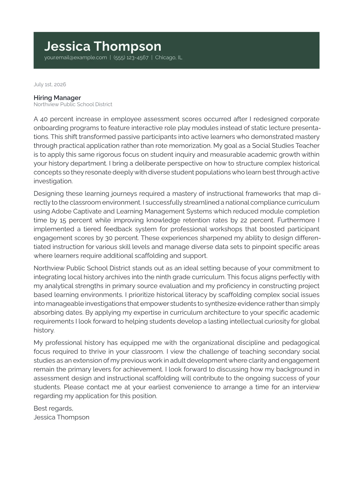 Social Studies Teacher cover letter in the Banner design