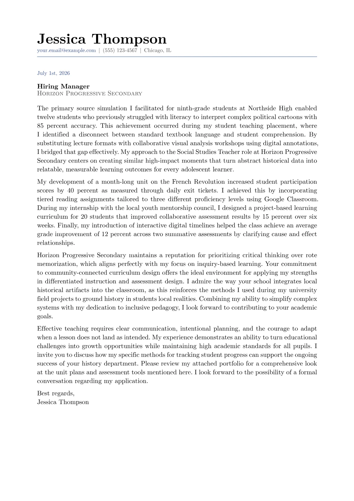 Social Studies Teacher cover letter in the Classic design