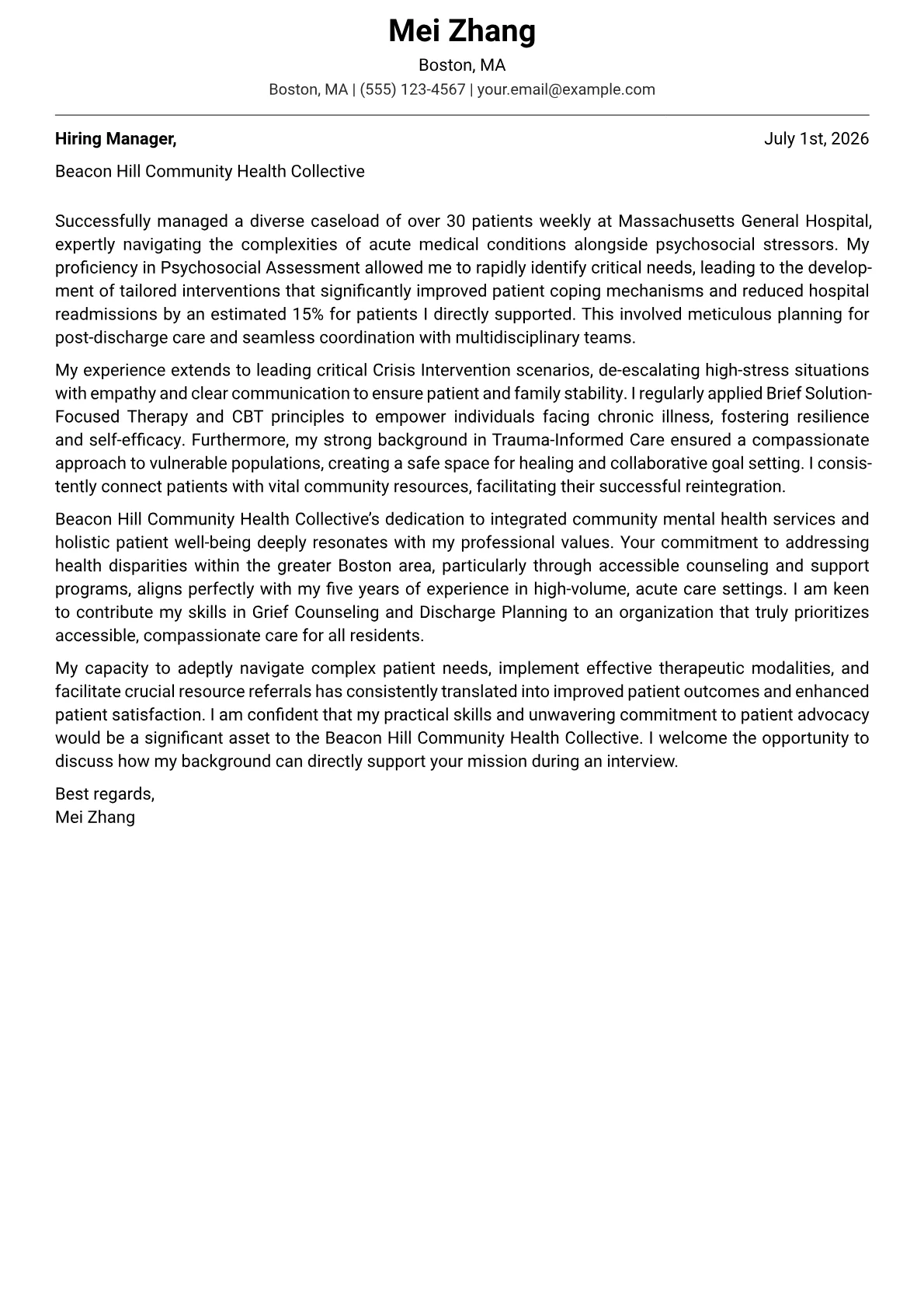 Social Work cover letter formatted with a JobSprout template