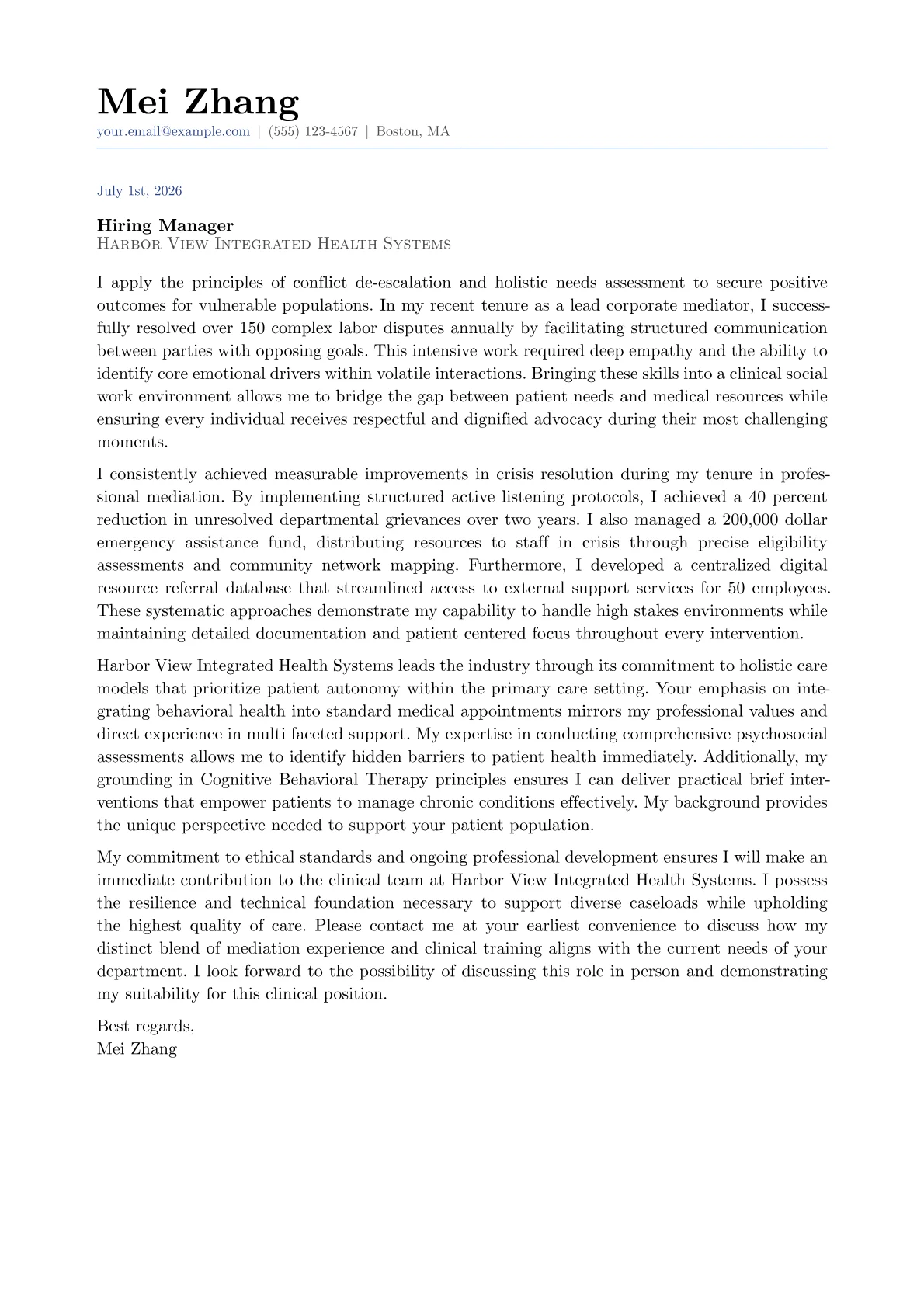 Social Work cover letter in the Classic design