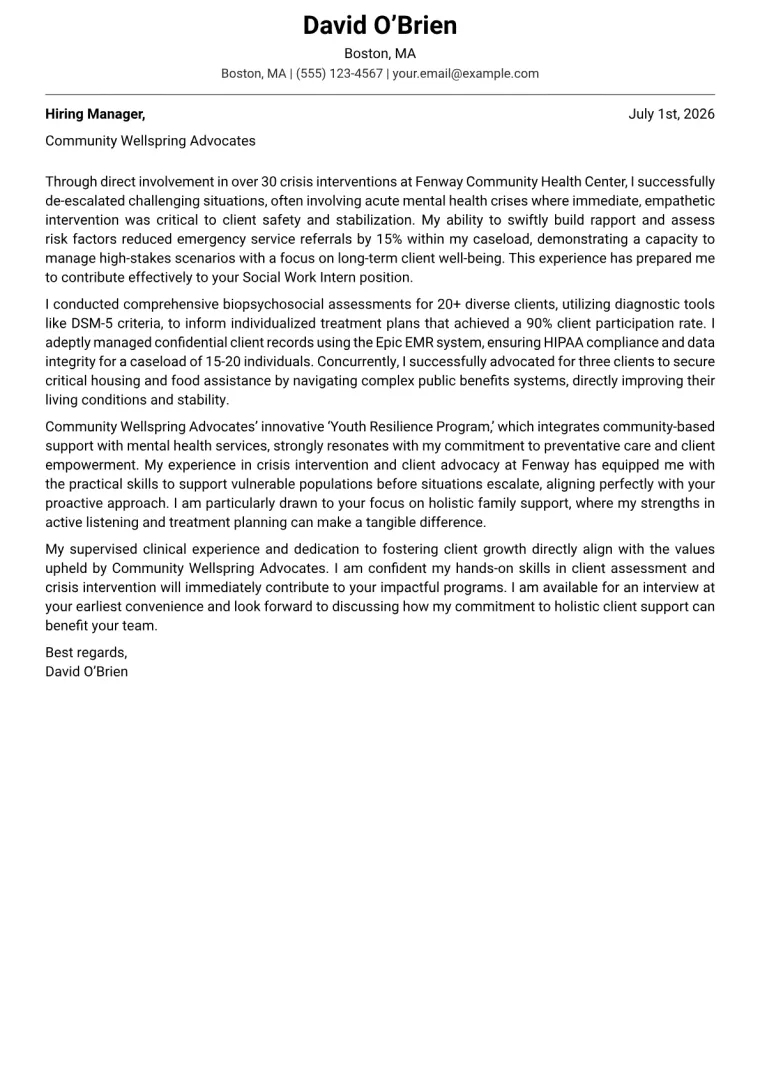 Social Work Intern Cover Letter Example