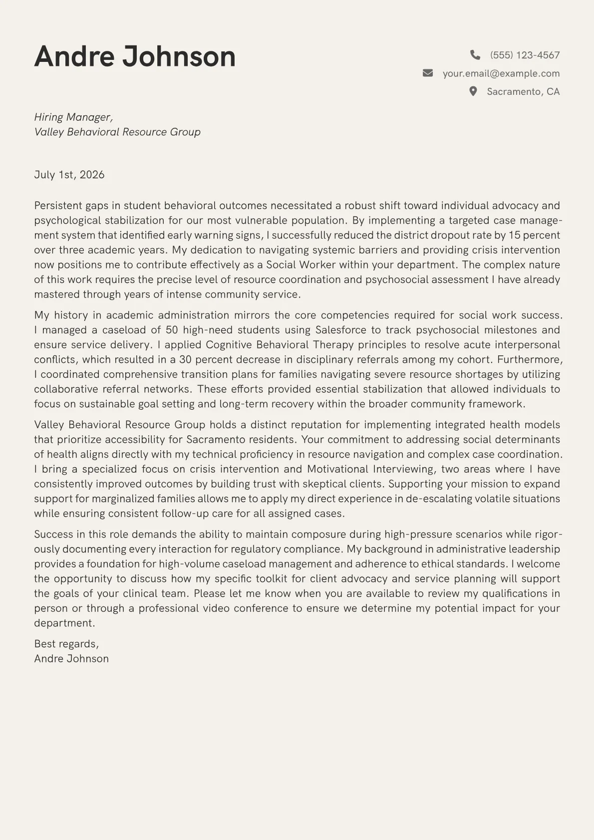 Social Worker cover letter in the Creative design