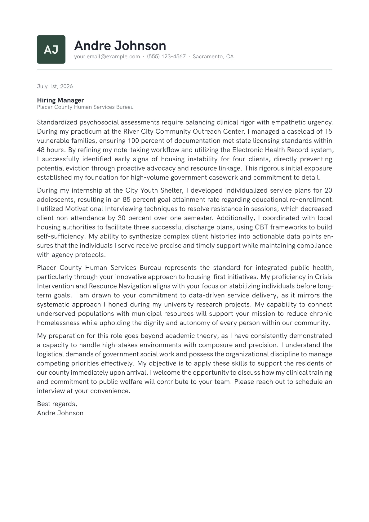Social Worker cover letter in the Emblem design