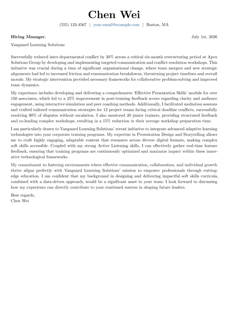 Soft Skills Trainer cover letter example preview