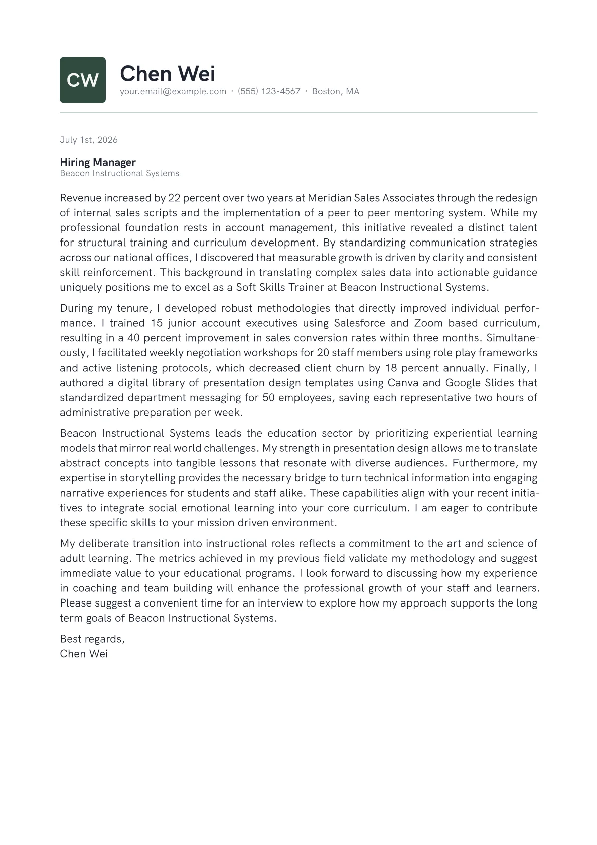 Soft Skills Trainer cover letter in the Emblem design