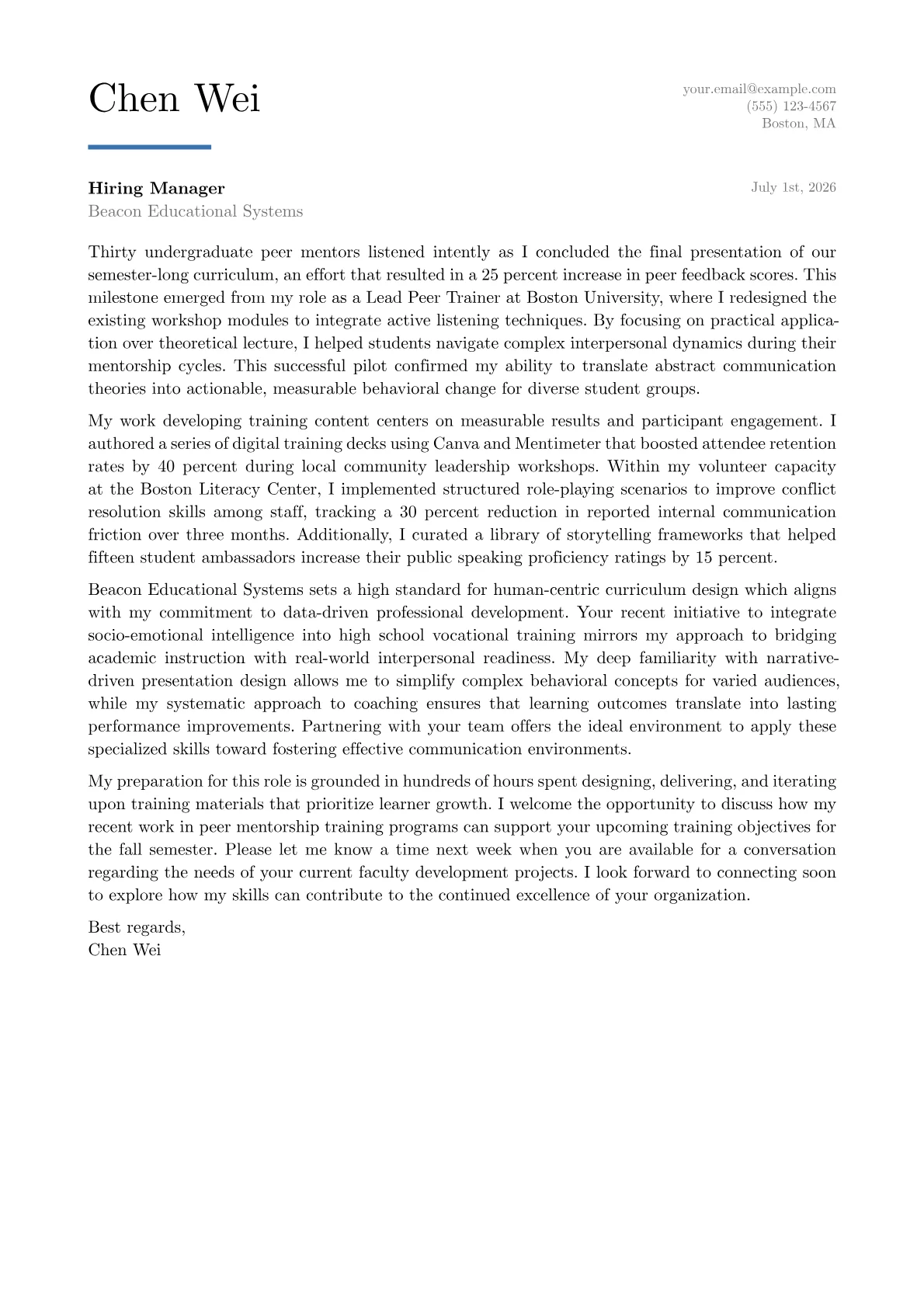 Soft Skills Trainer cover letter in the Executive design