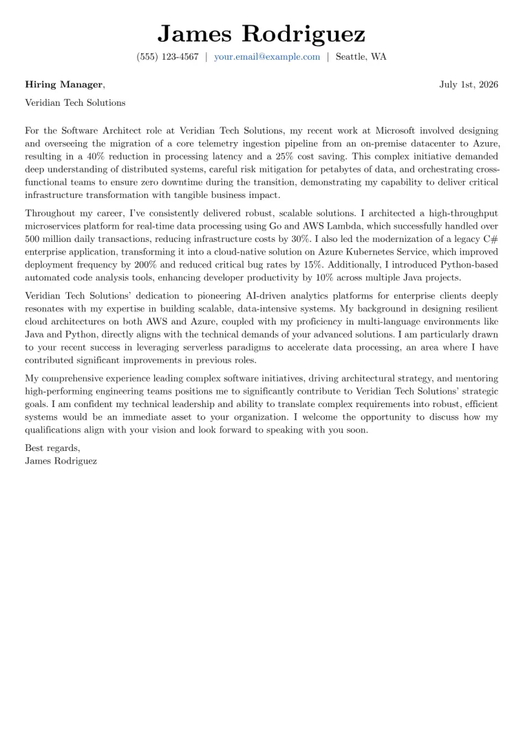 Software Architect cover letter example preview