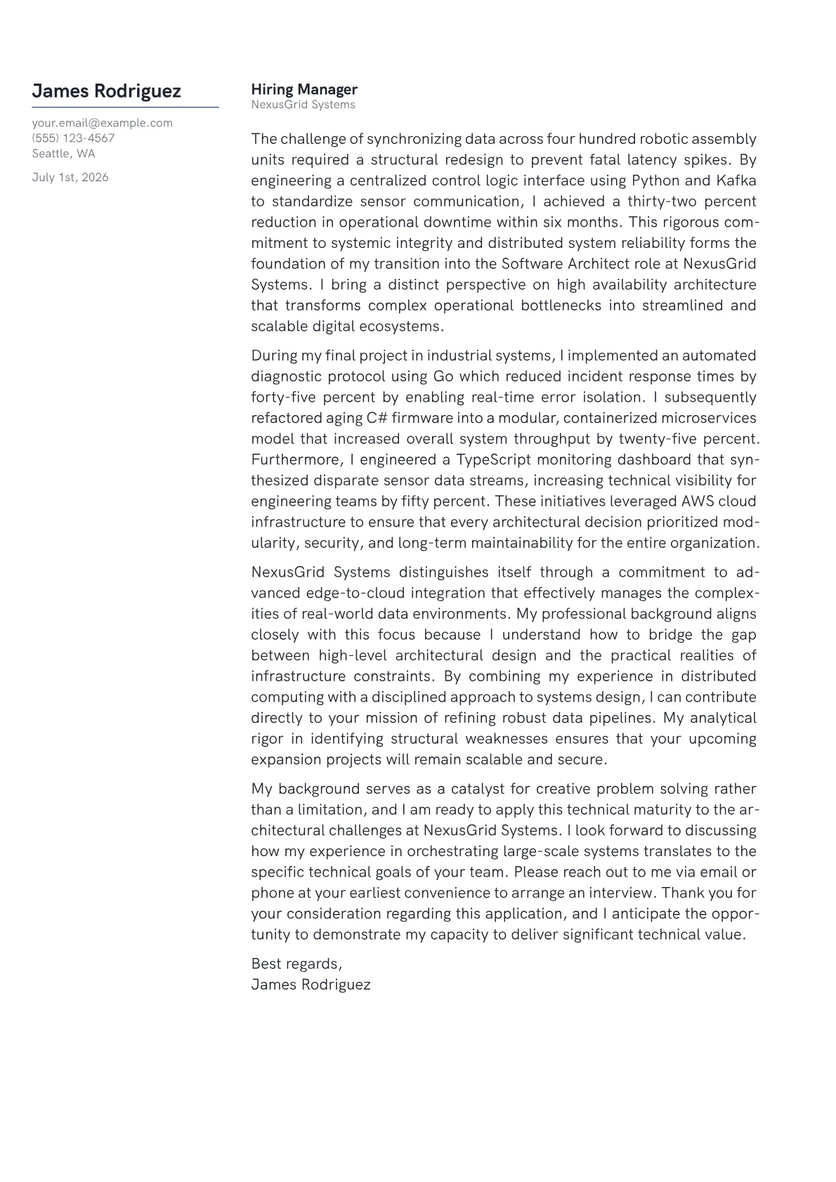 Software Architect cover letter in the Margin design