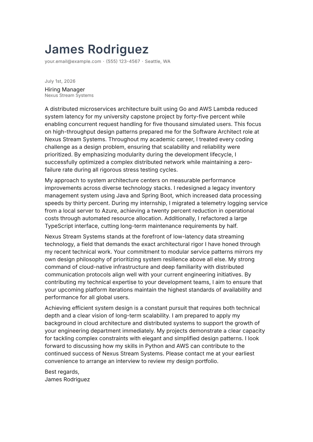 Software Architect cover letter in the Minimal design