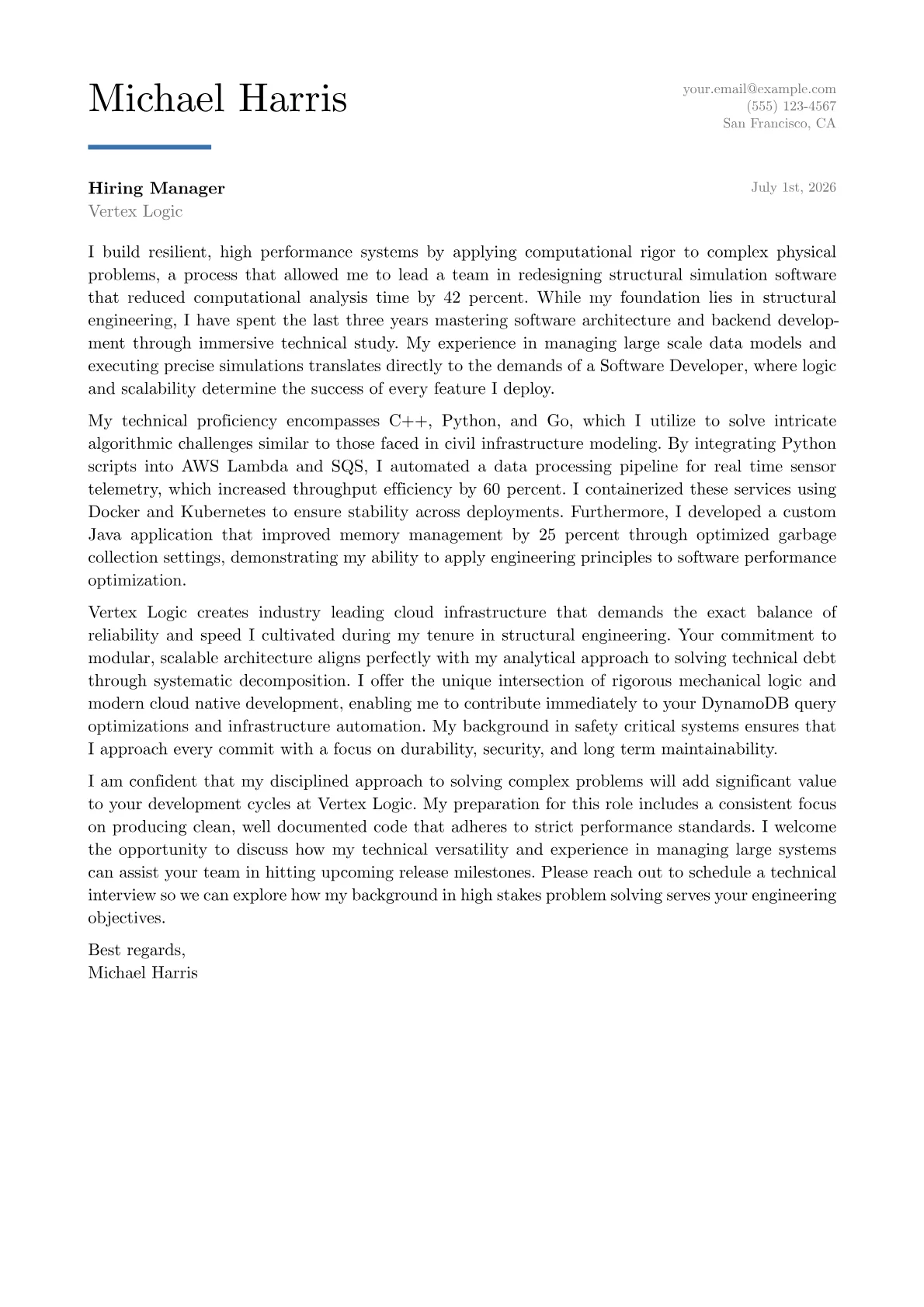 Software Developer cover letter in the Executive design