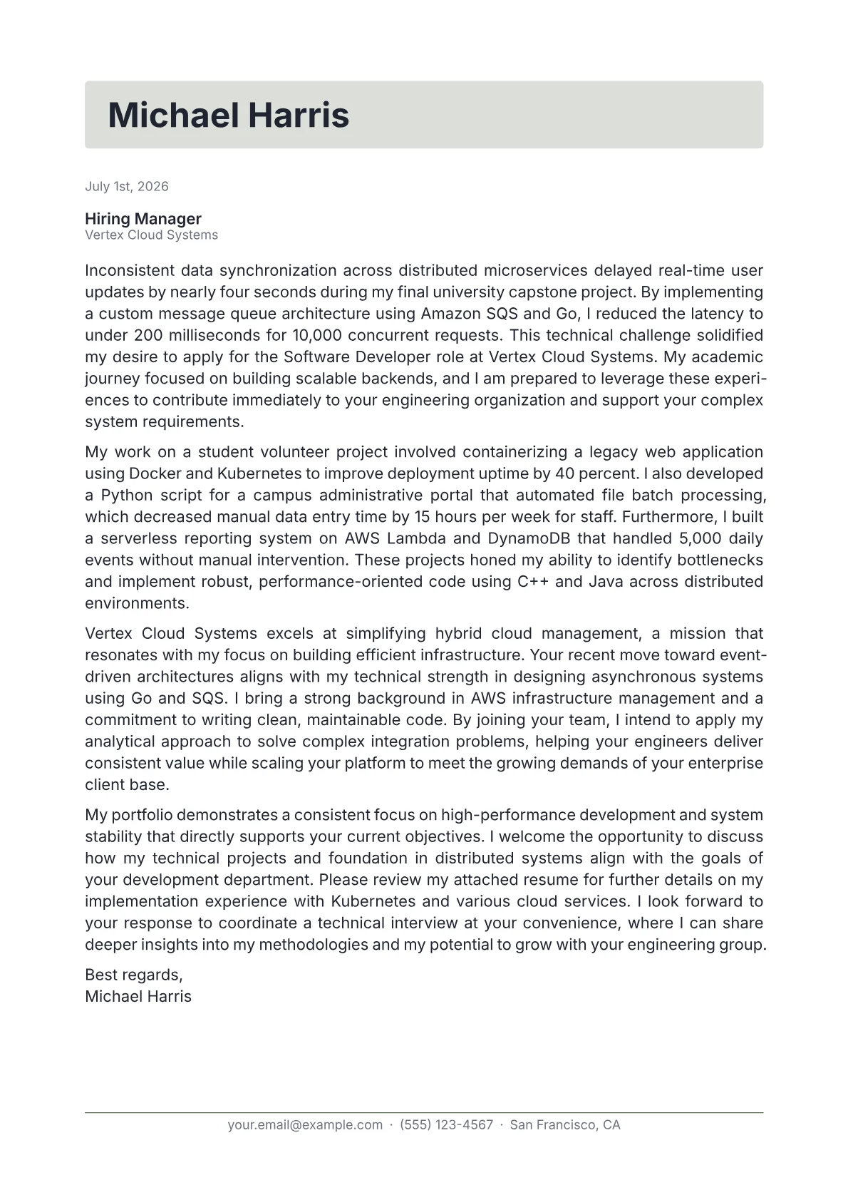 Software Developer cover letter in the Letterhead design