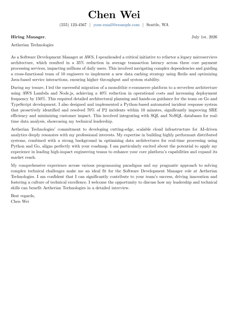 Software Development Manager cover letter example