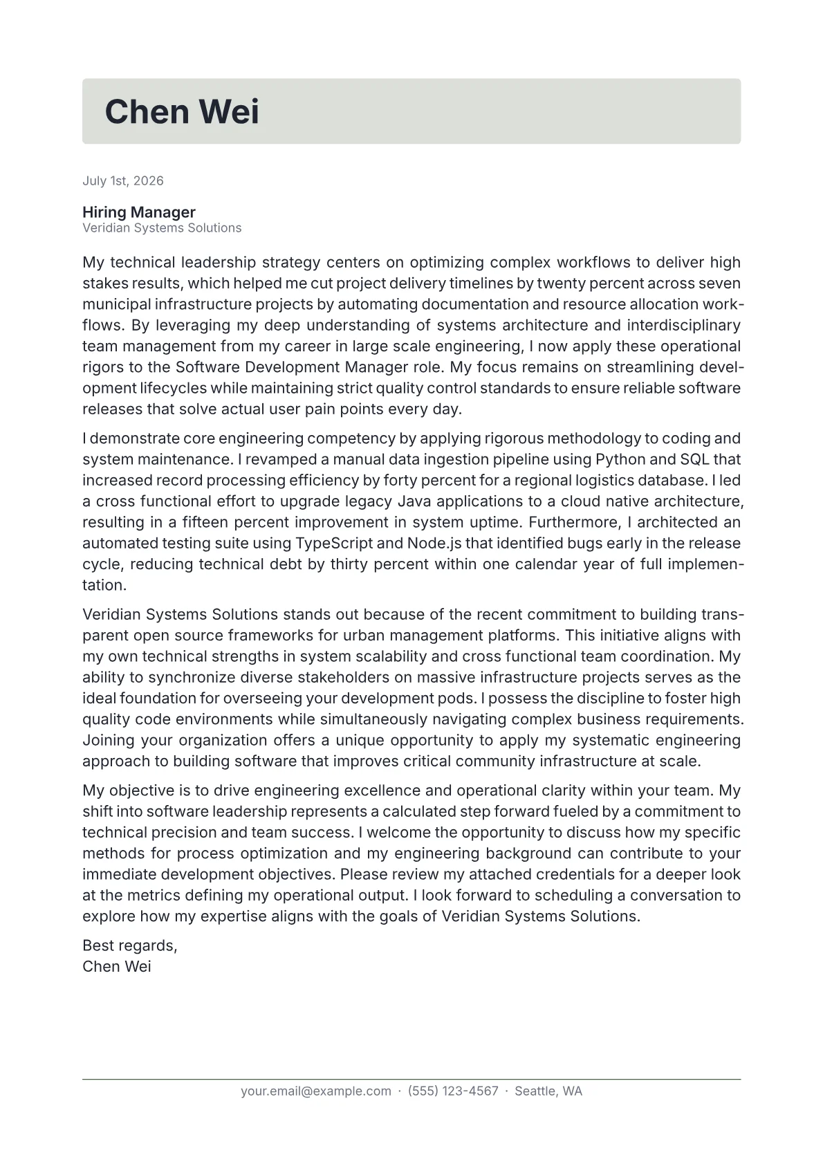Software Development Manager cover letter in the Letterhead design