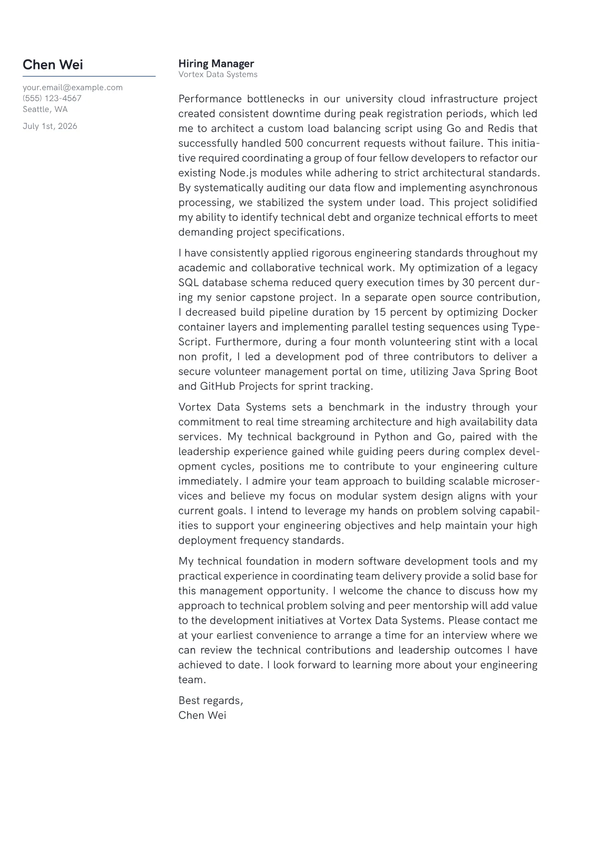 Software Development Manager cover letter in the Margin design