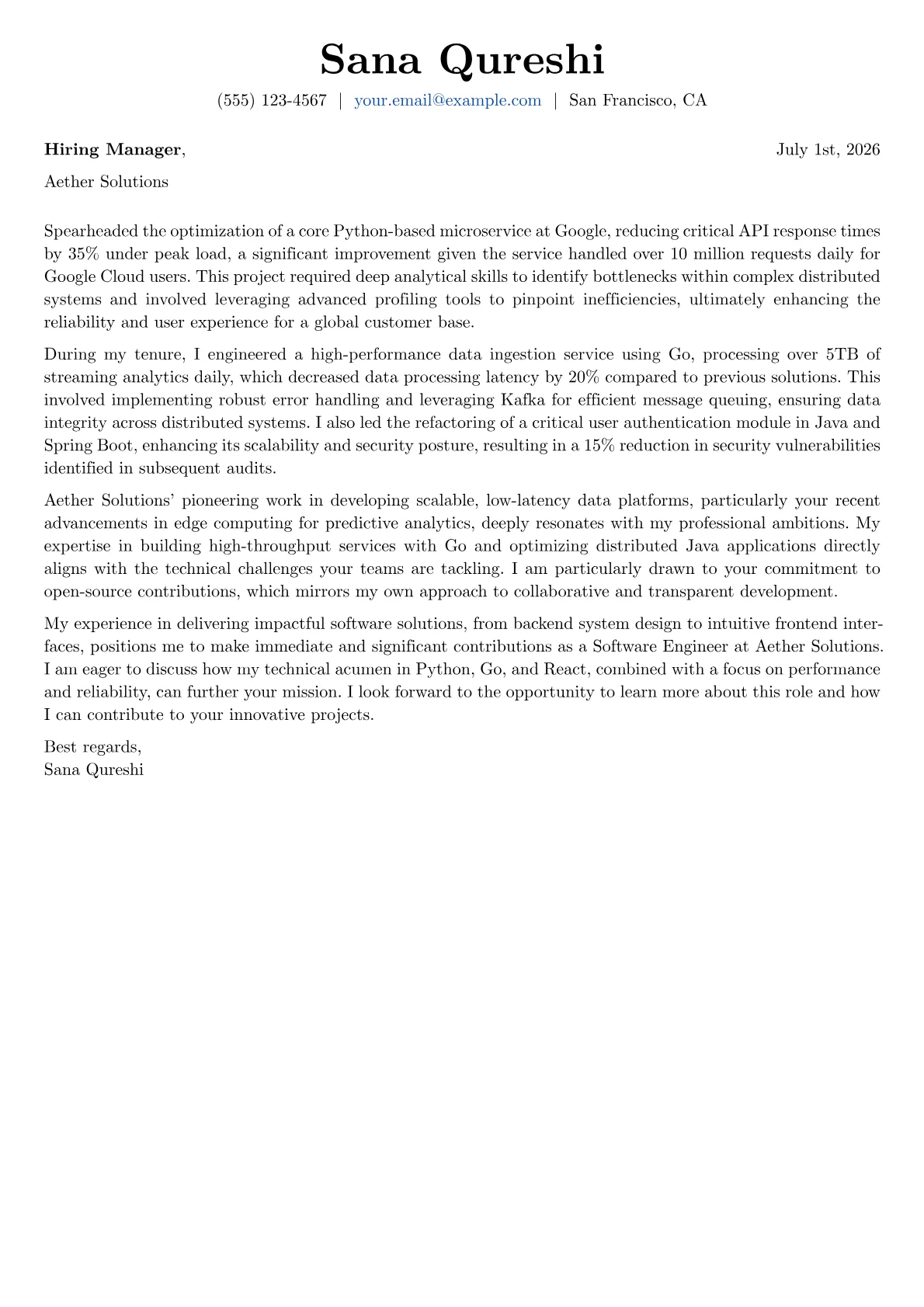 Software Engineer cover letter formatted with a JobSprout template