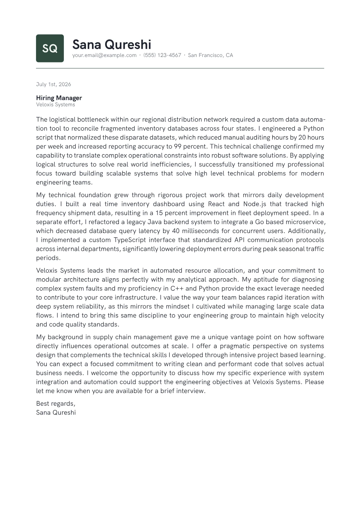 Software Engineer cover letter in the Emblem design