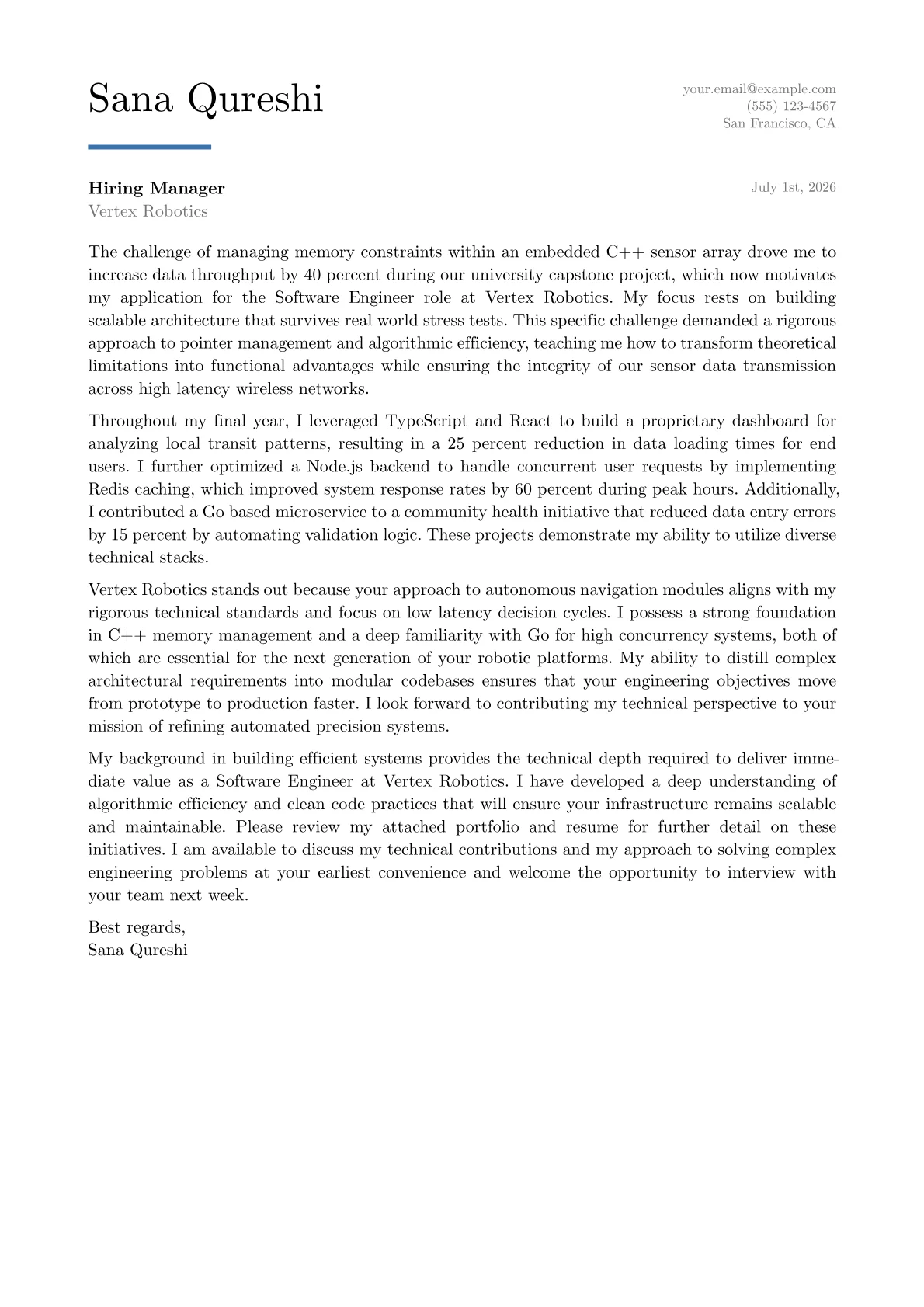 Software Engineer cover letter in the Executive design