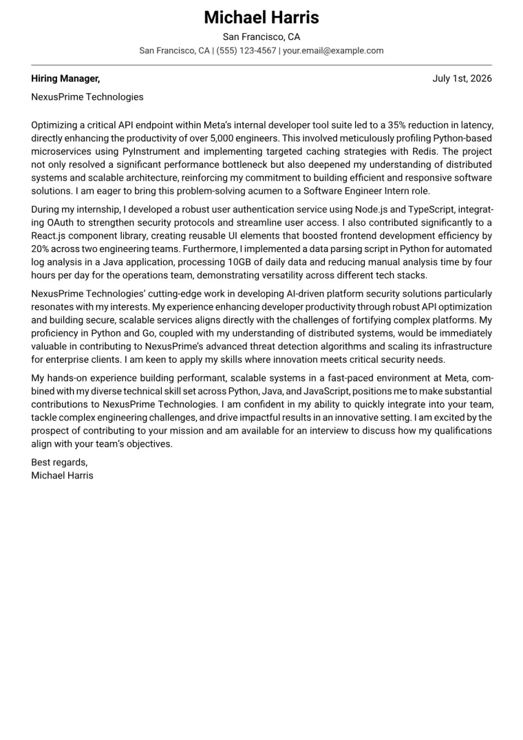 Software Engineer Intern cover letter example