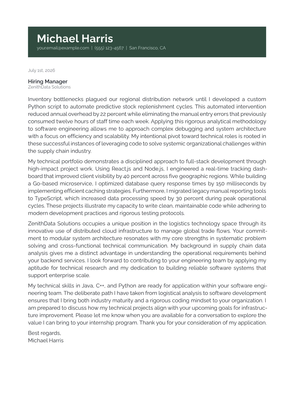 Software Engineer Intern cover letter in the Banner design