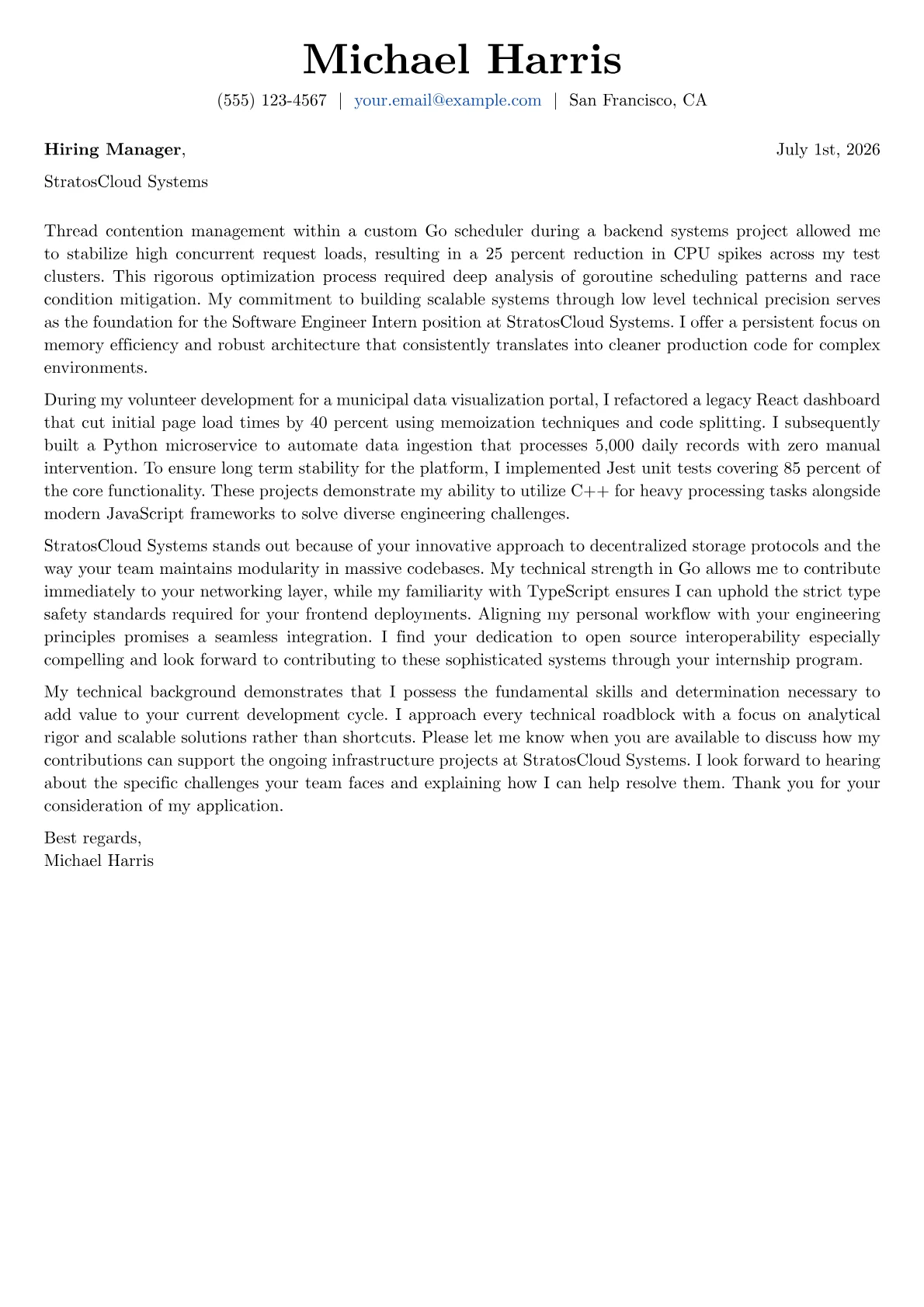 Software Engineer Intern cover letter in the Basic design