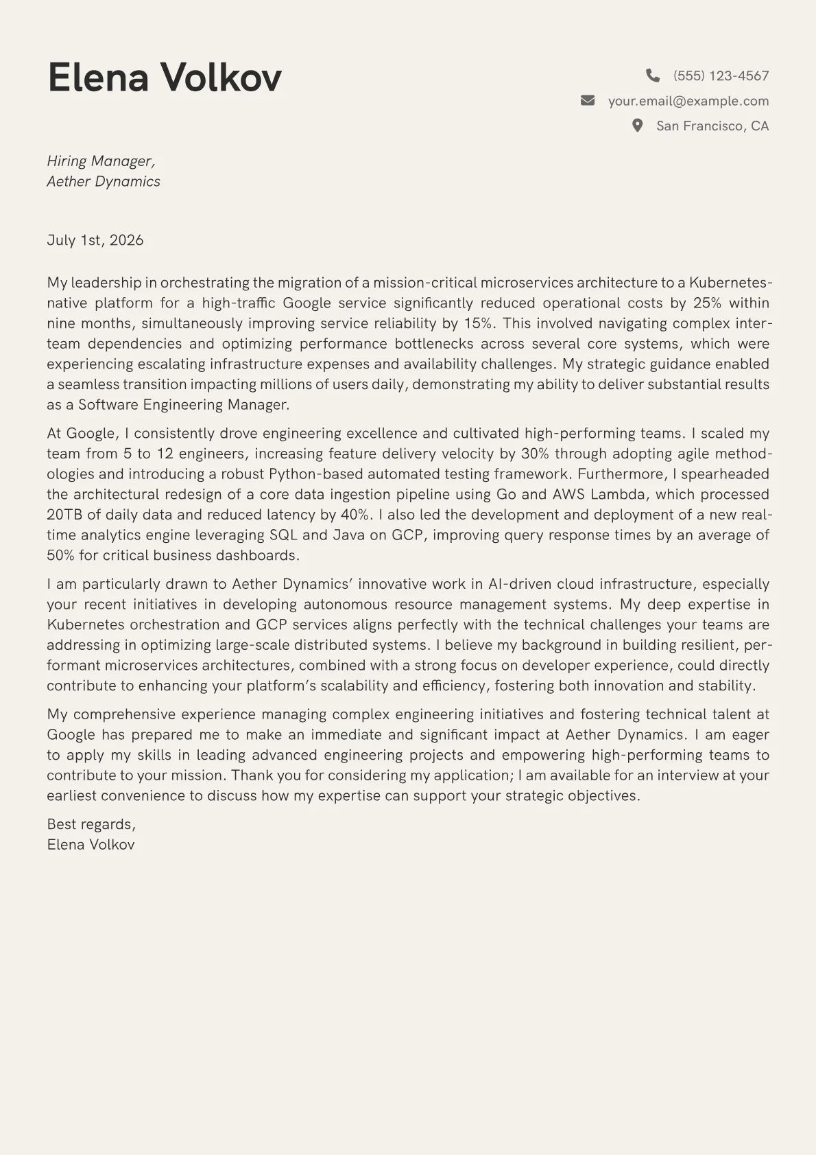 Software Engineering Manager cover letter formatted with a JobSprout template