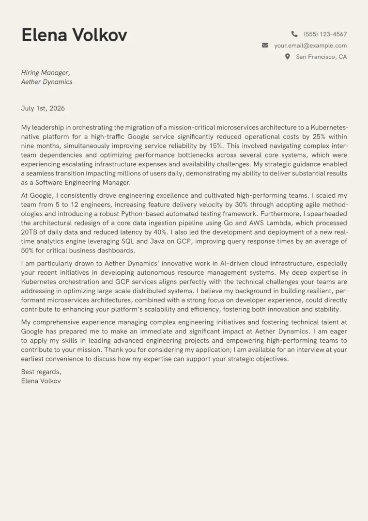 Software Engineering Manager cover letter example preview