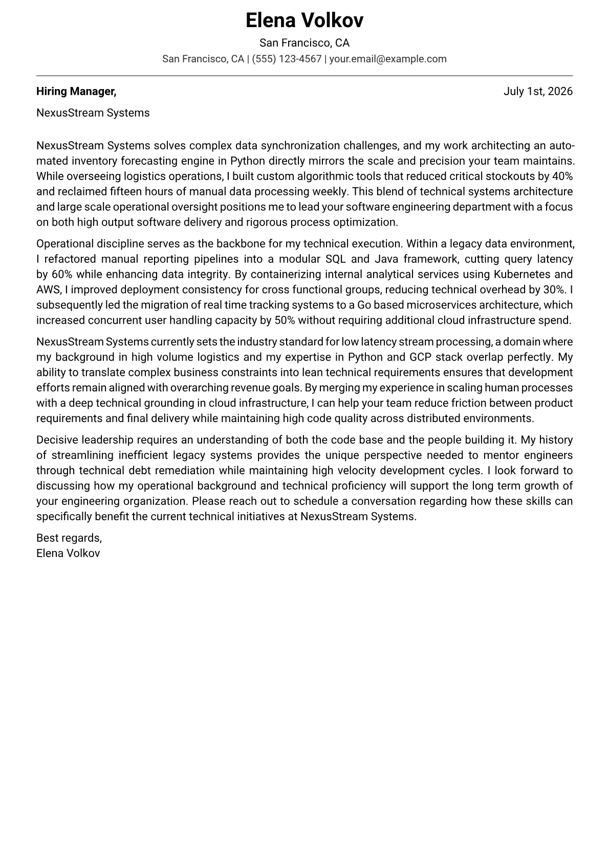 Software Engineering Manager cover letter in the Modern design