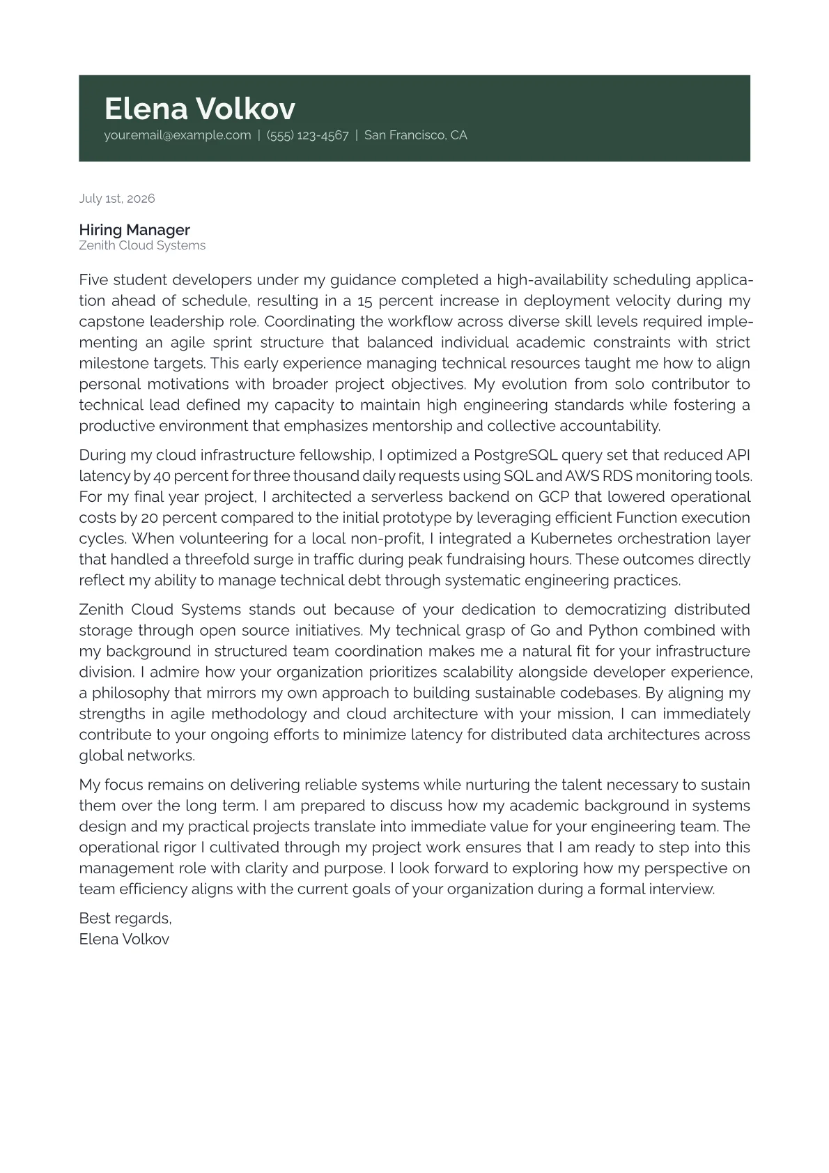 Software Engineering Manager cover letter in the Banner design