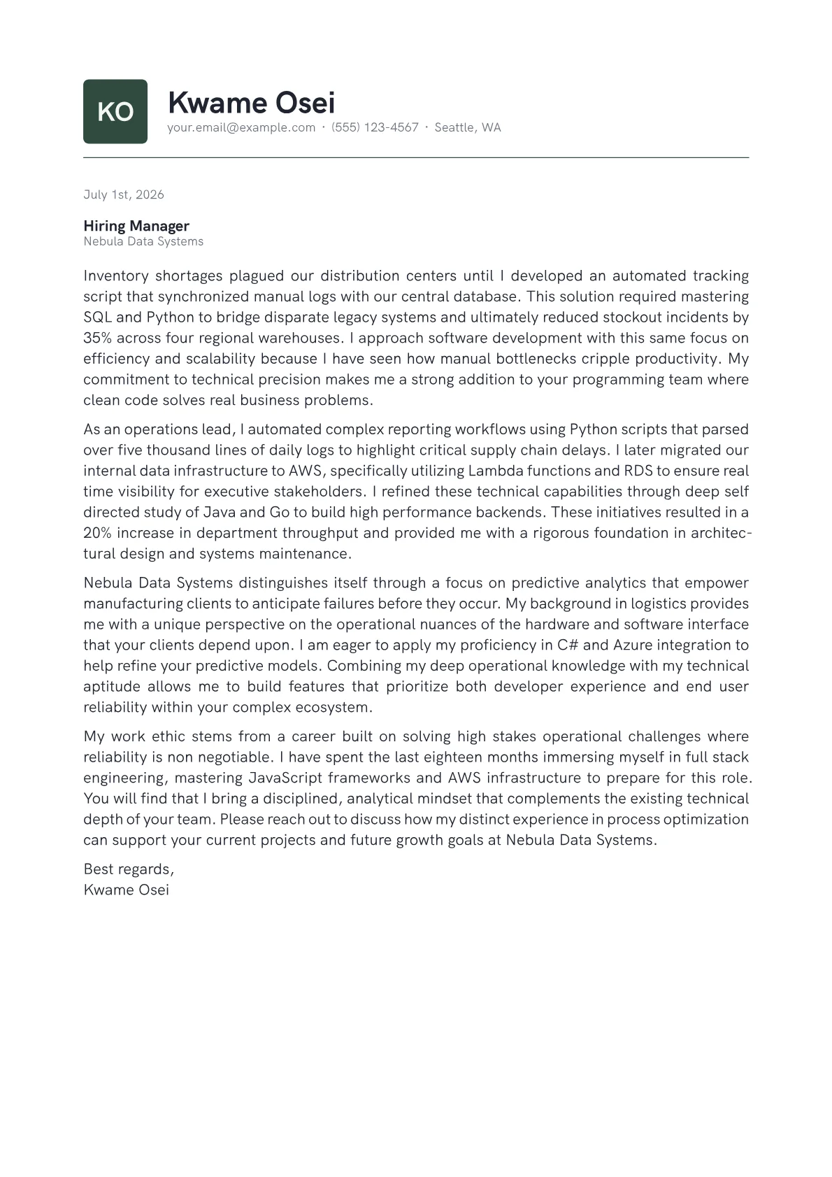 Software Programmer cover letter in the Emblem design