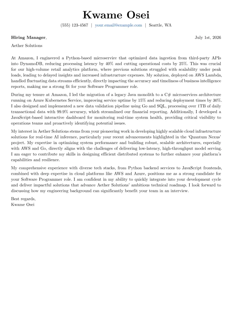 Software Programmer Cover Letter Example