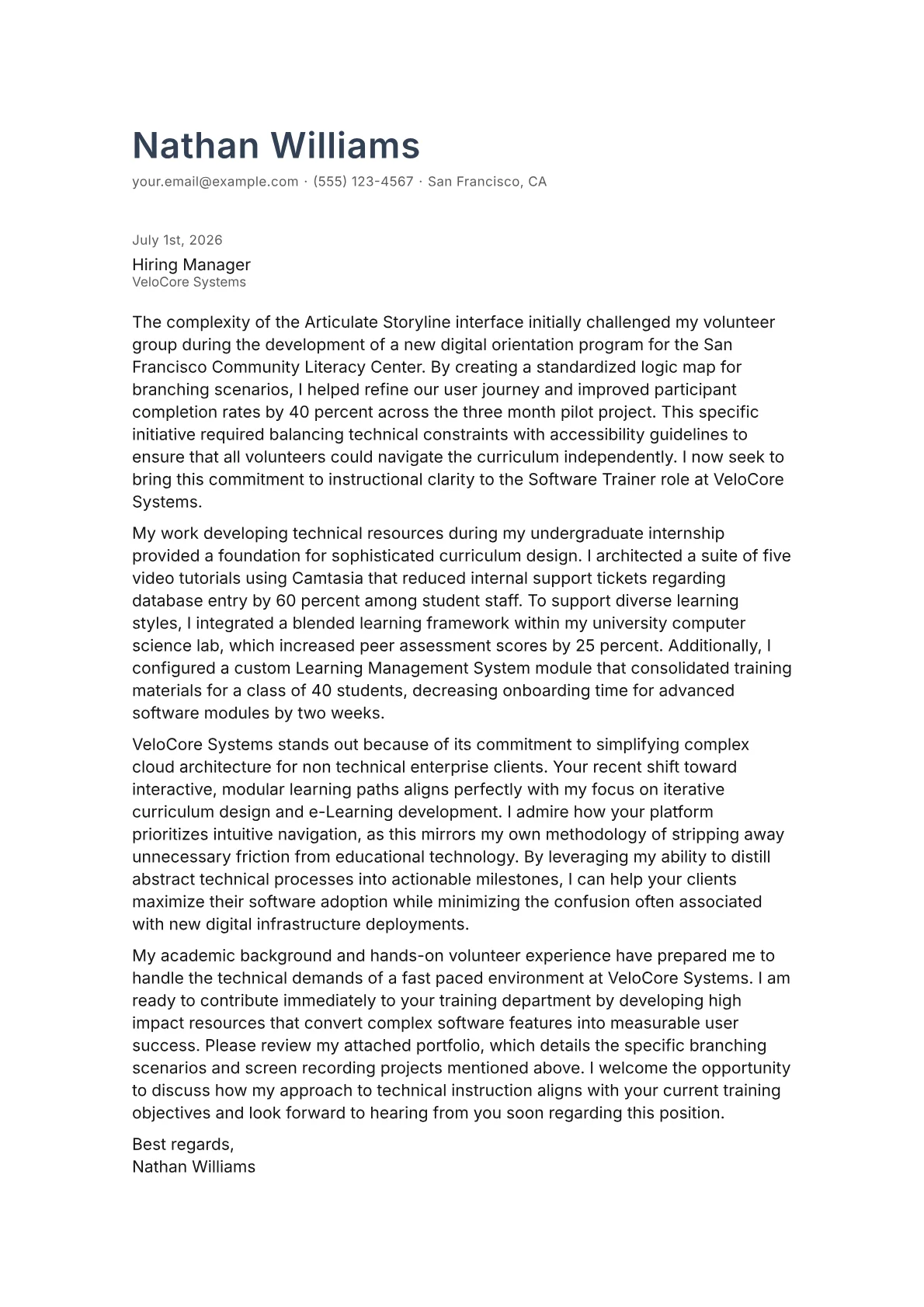 Software Trainer cover letter in the Minimal design