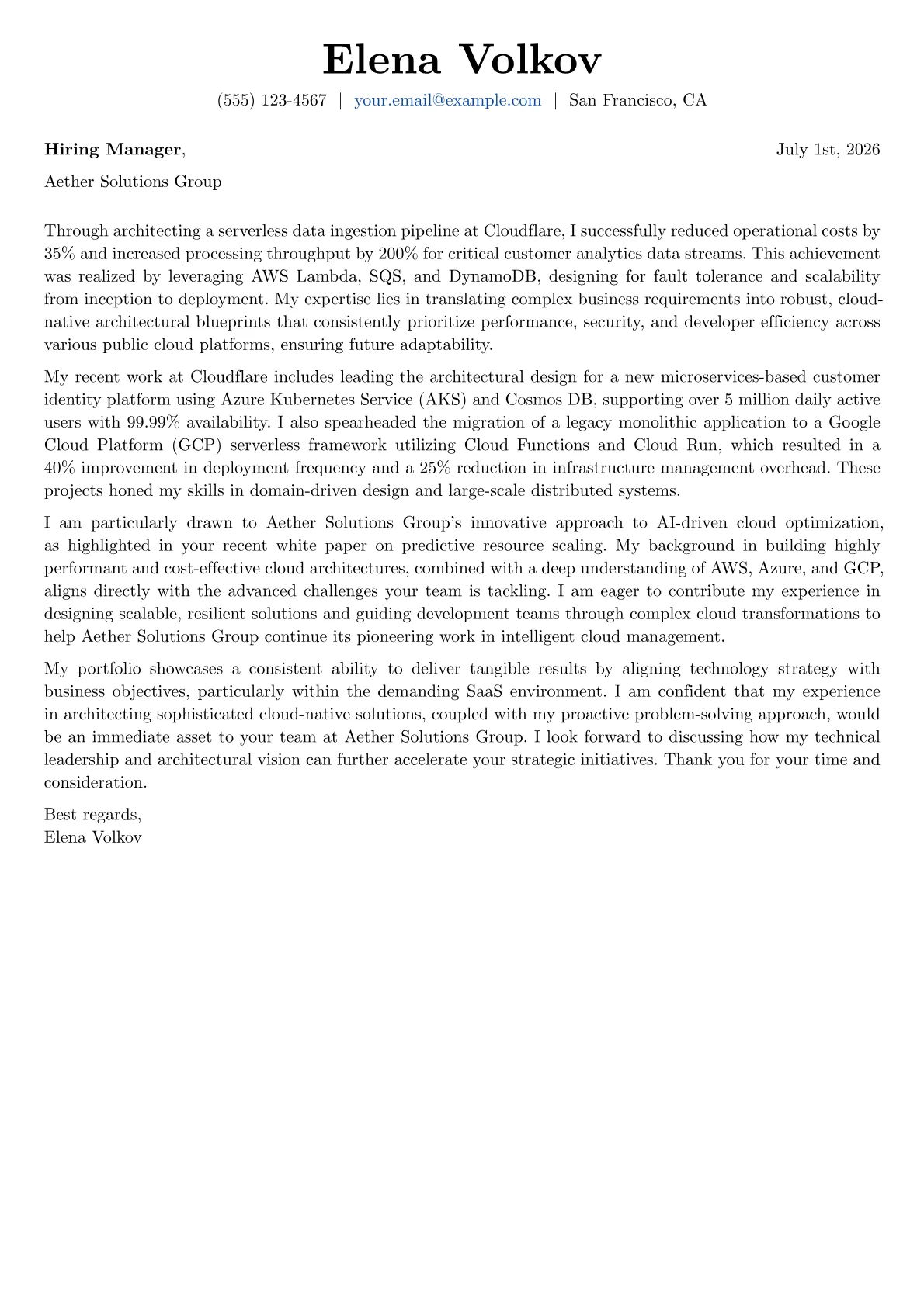 Solution Architect cover letter formatted with a JobSprout template